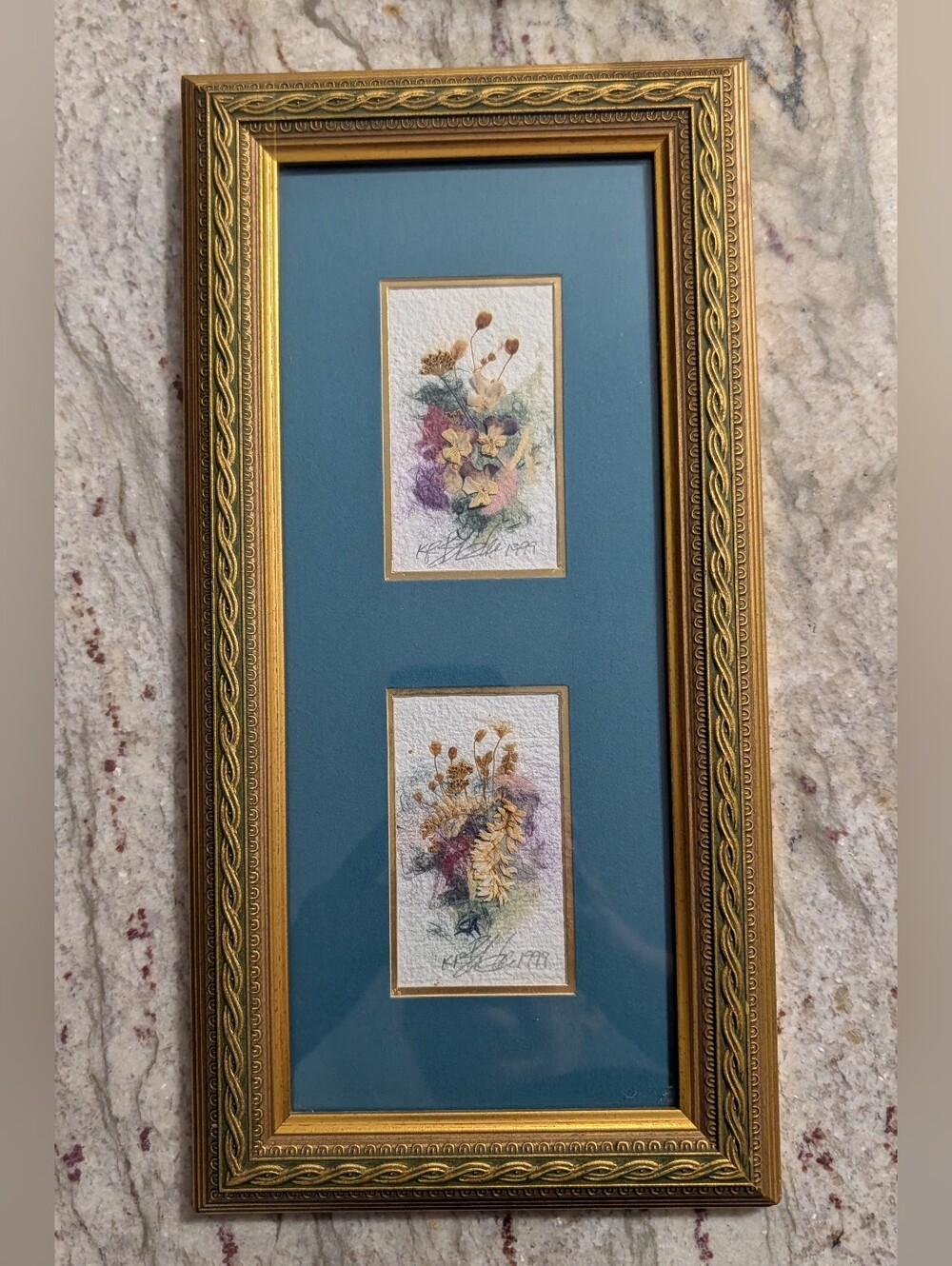 Vintage Dried Flowers Gold Frame Green Matted Wall Hanging, Kathryn Rieth Blake